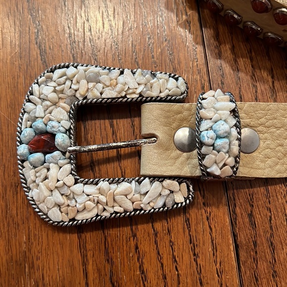 LeatherRock Vintage Tan Leather Belt W/ Burgundy Studs And Multi-colored Rock L main image 10